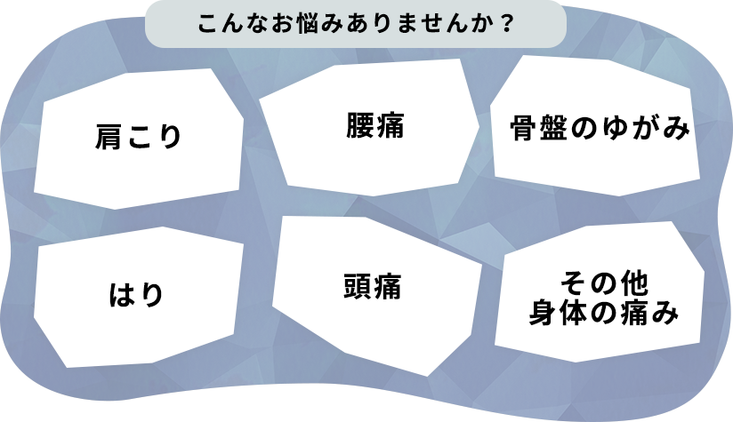 こんなお悩みありませんか？ 肩こり/腰痛/骨盤のゆがみ/はり/頭痛/その他身体の痛み